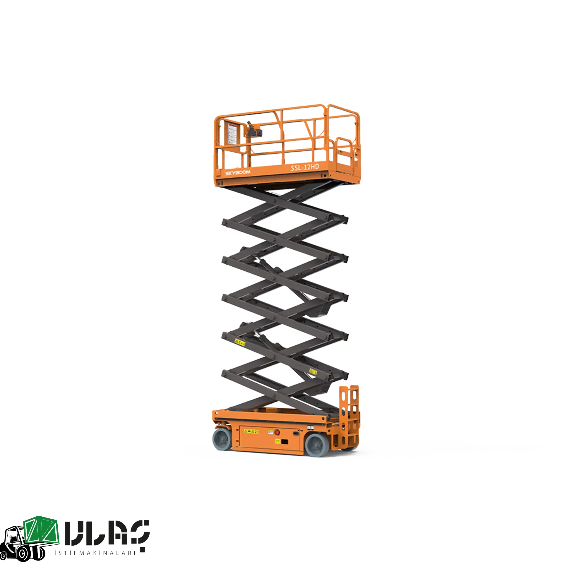 14 metre çalışma yüksekliğine sahip akülü makaslı platform — yüksek erişim kapasitesi, geniş platform alanı ve uzatılabilir güverte yapısıyla endüstriyel kullanım için tasarlanmış akülü yükseltici platform görseli.